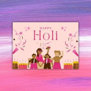 Pink and Yellow Illustrative Happy Holi Postcard - Postpatra